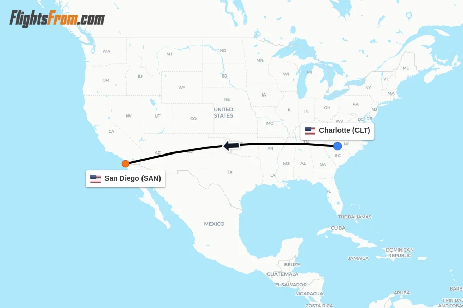 Flights from Charlotte to San Diego route map