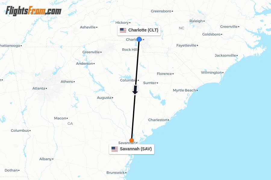 Flights from Charlotte to Savannah route map