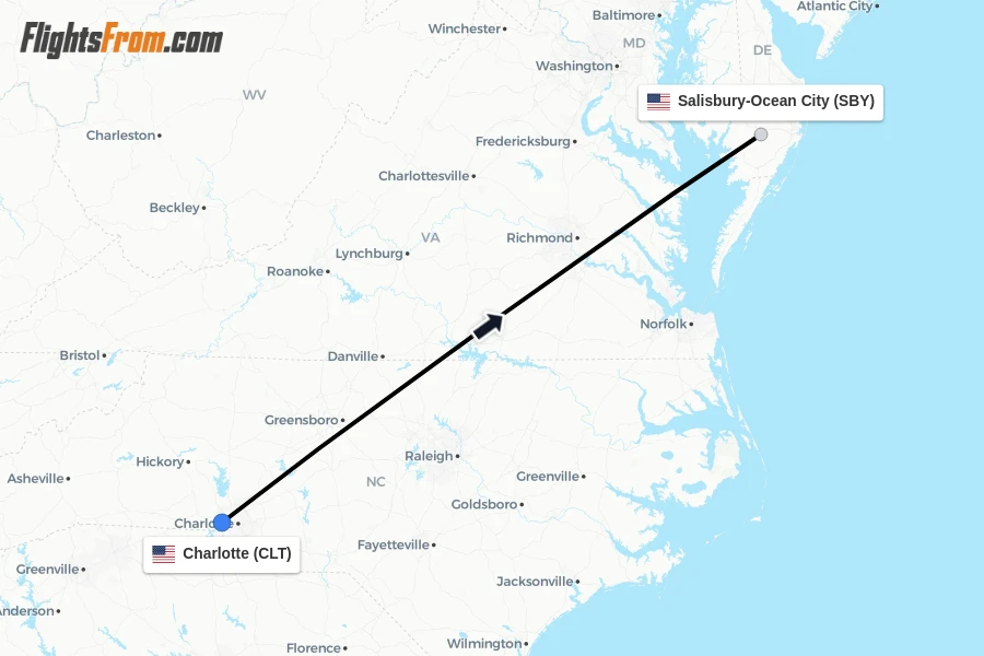 Flights from Charlotte to Salisbury-Ocean City route map