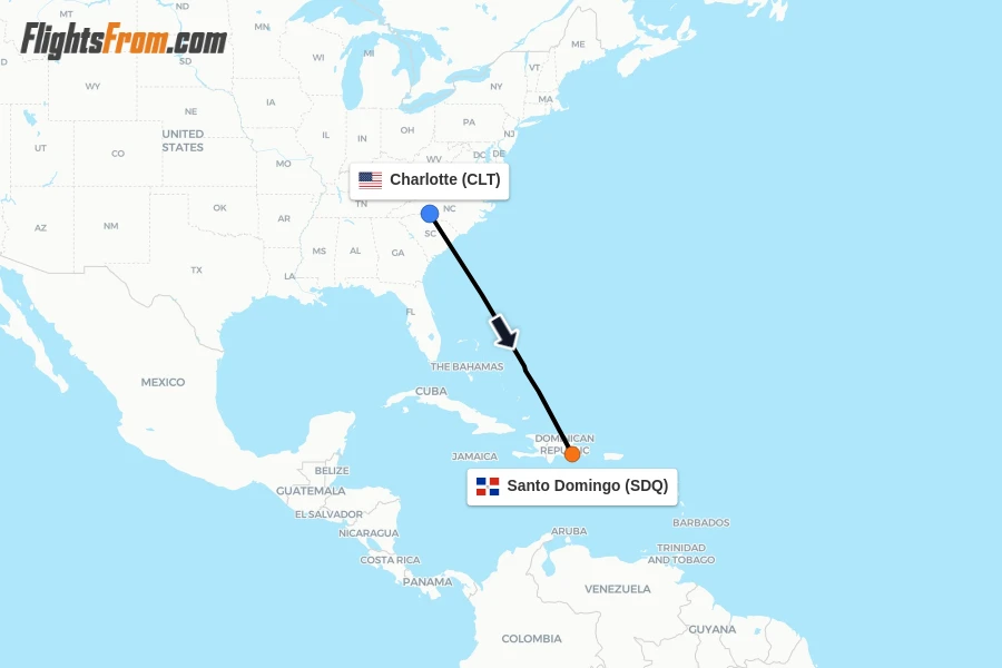 Flights from Charlotte to Santo Domingo route map