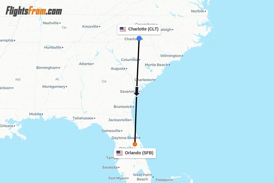 Flights from Charlotte to Orlando route map