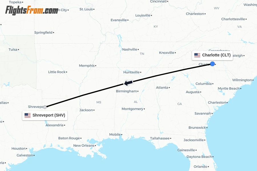 Flights from Charlotte to Shreveport route map