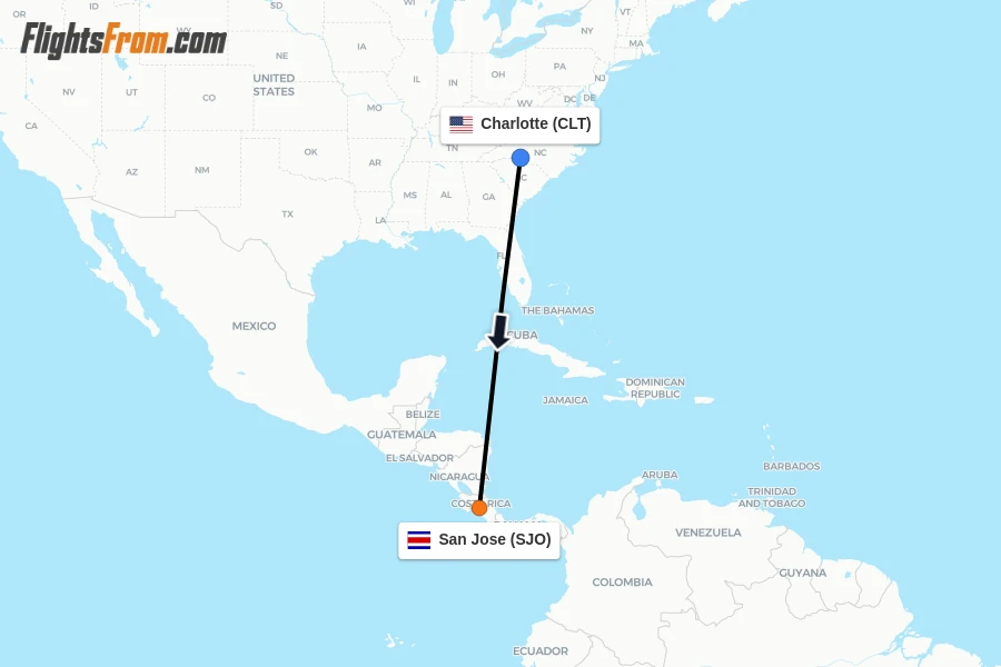 Flights from Charlotte to San Jose route map