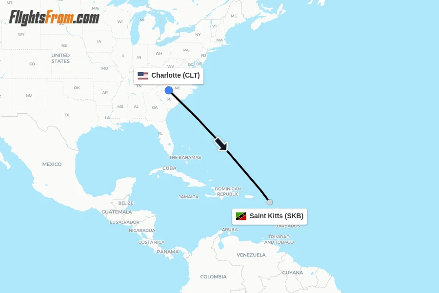 Flights from Charlotte to Saint Kitts route map