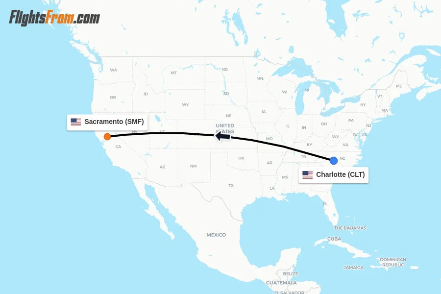 Flights from Charlotte to Sacramento route map