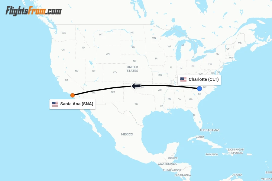 Flights from Charlotte to Santa Ana route map