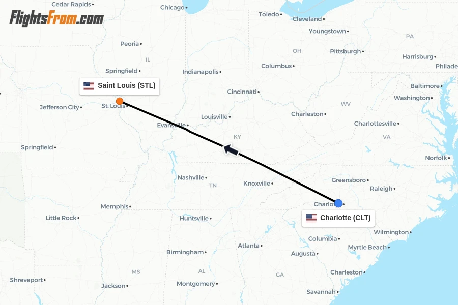 Flights from Charlotte to Saint Louis route map