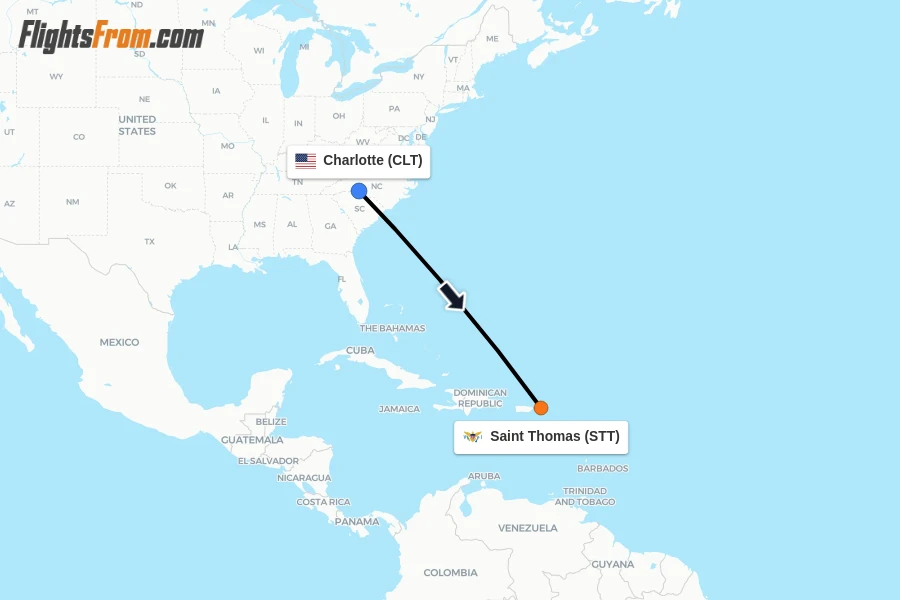 Flights from Charlotte to Saint Thomas route map