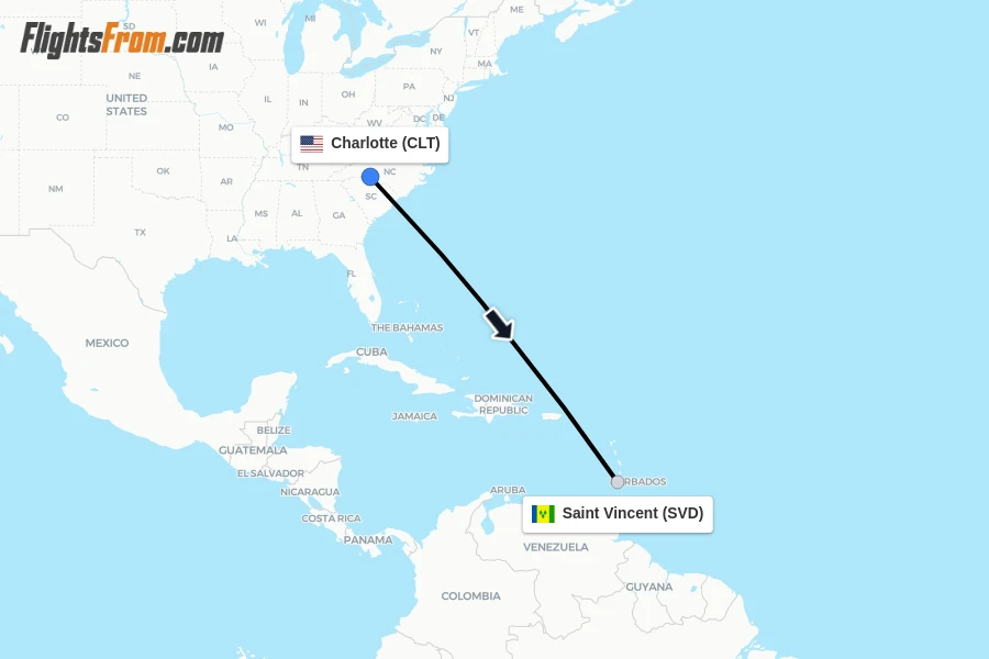 Flights from Charlotte to Saint Vincent route map