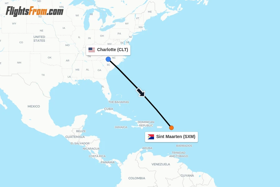 Flights from Charlotte to Sint Maarten route map