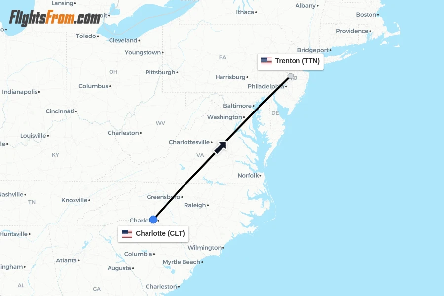 Flights from Charlotte to Trenton route map