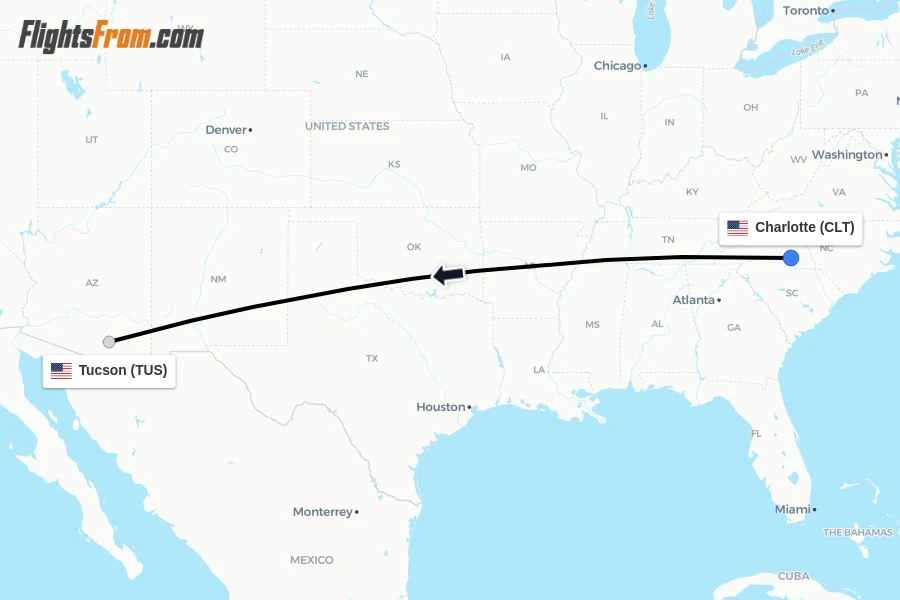 Flights from Charlotte to Tucson route map