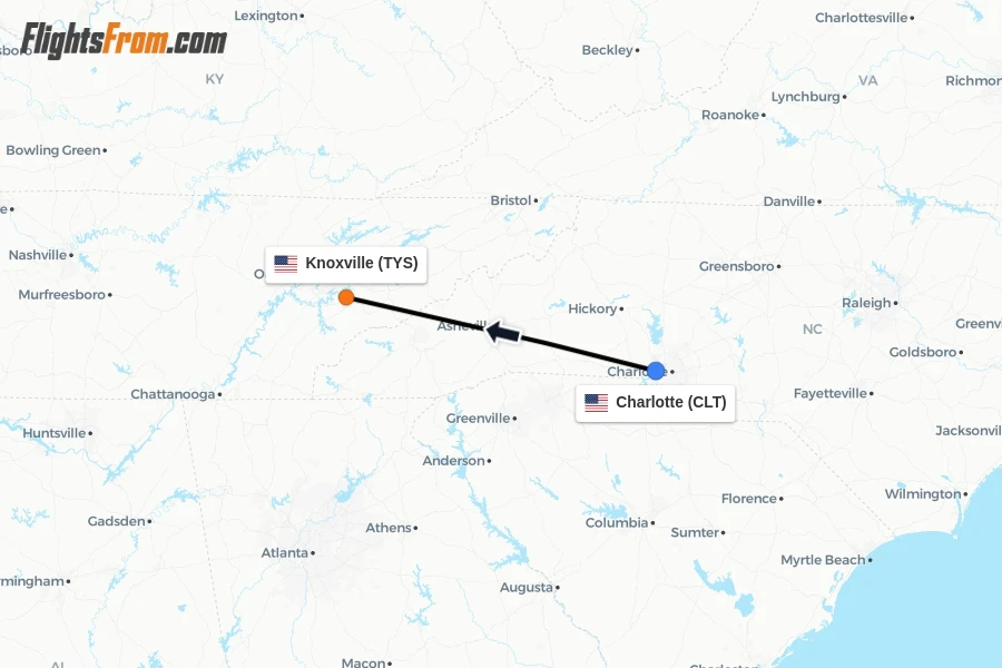 Flights from Charlotte to Knoxville route map