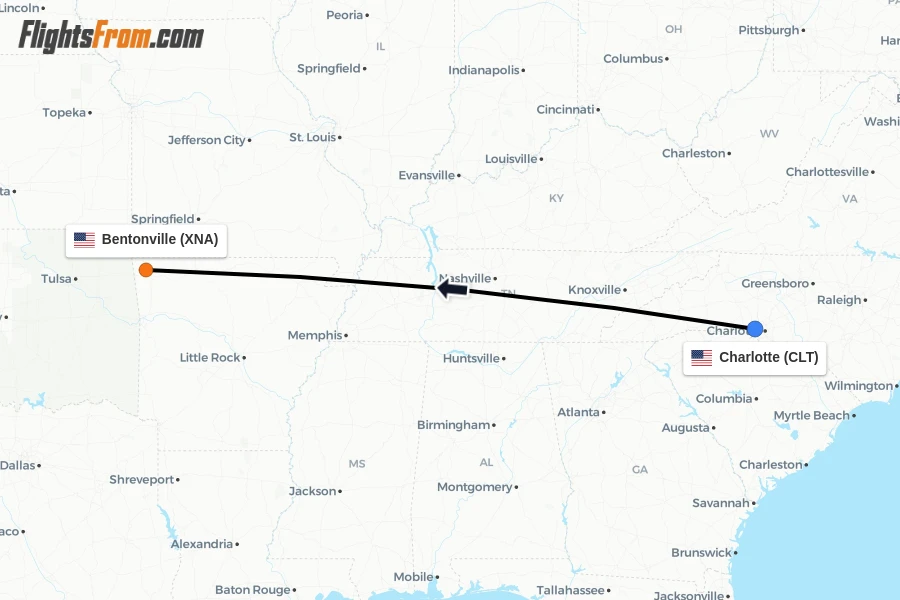 Flights from Charlotte to Bentonville route map