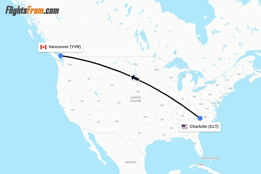 Flights from Charlotte to Vancouver route map