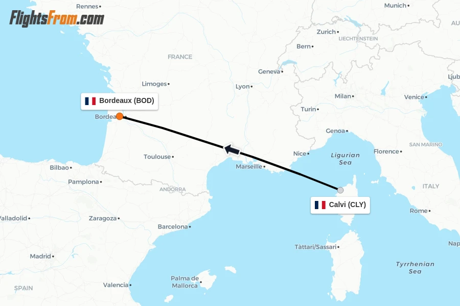 Flights from Calvi to Bordeaux route map