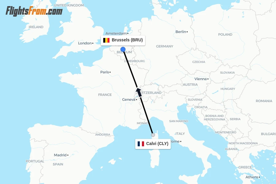 Flights from Calvi to Brussels route map