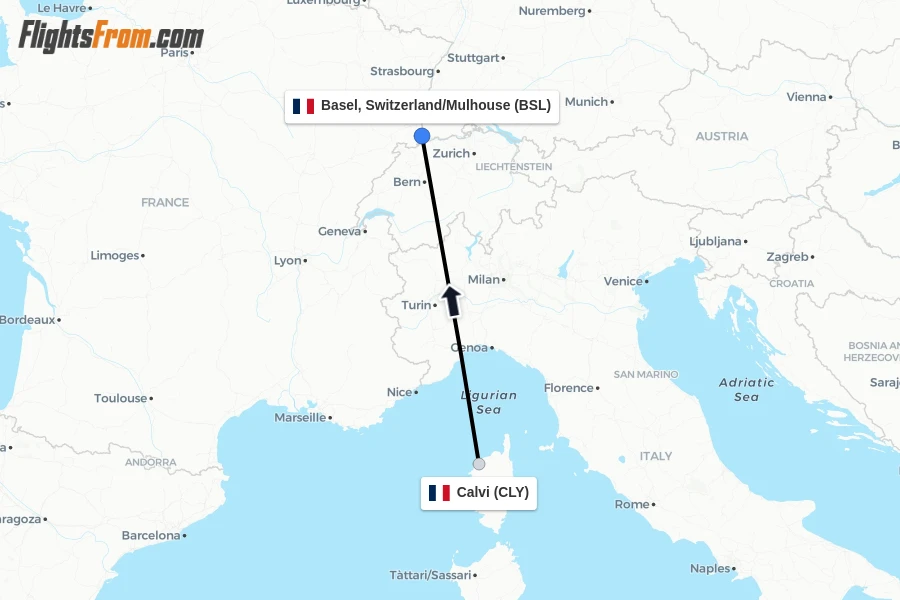 Flights from Calvi to Basel, Switzerland/Mulhouse route map