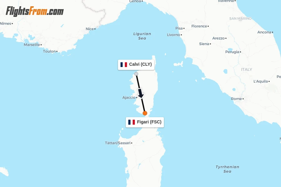 Flights from Calvi to Figari route map