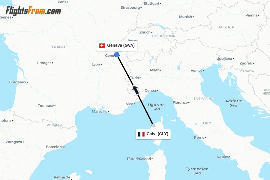 Flights from Calvi to Geneva route map