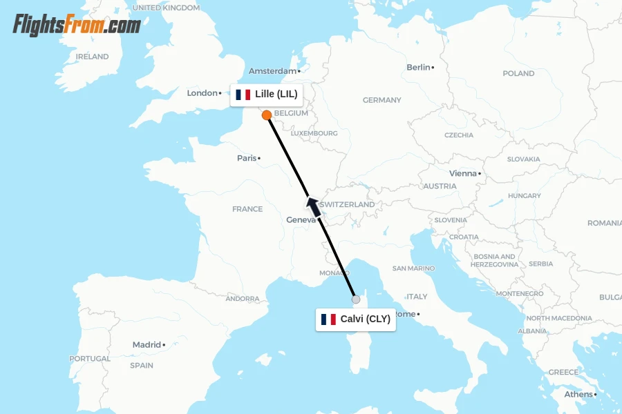 Flights from Calvi to Lille route map