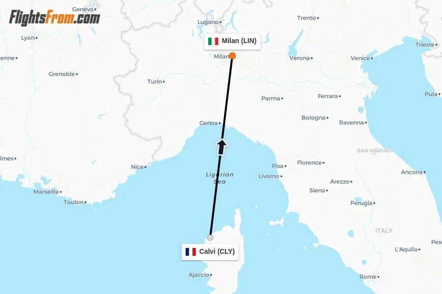 Flights from Calvi to Milan route map