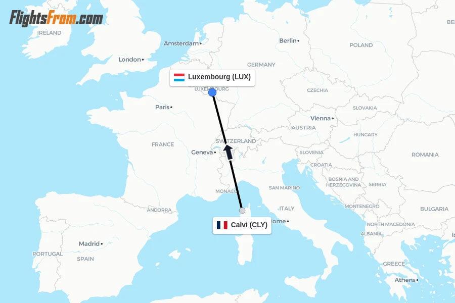 Flights from Calvi to Luxembourg route map