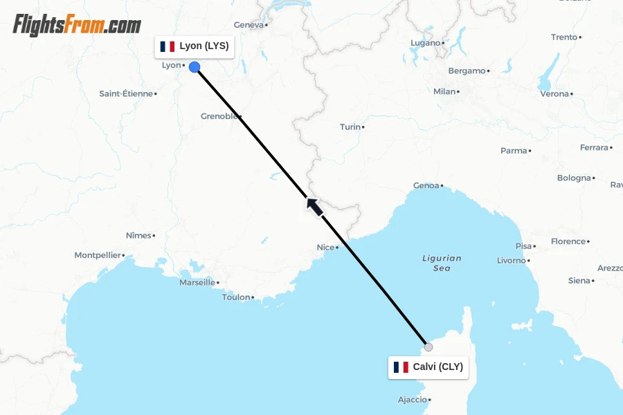 Flights from Calvi to Lyon route map