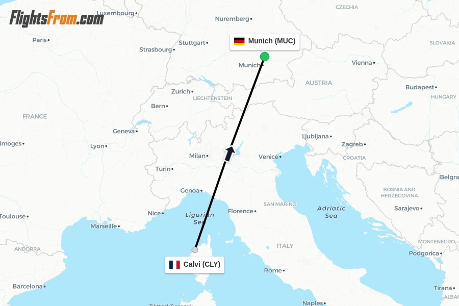 Flights from Calvi to Munich route map