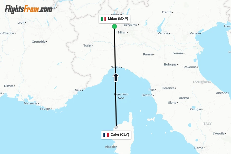 Flights from Calvi to Milan route map