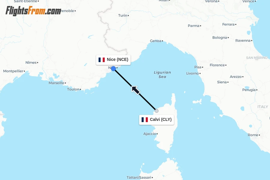Flights from Calvi to Nice route map