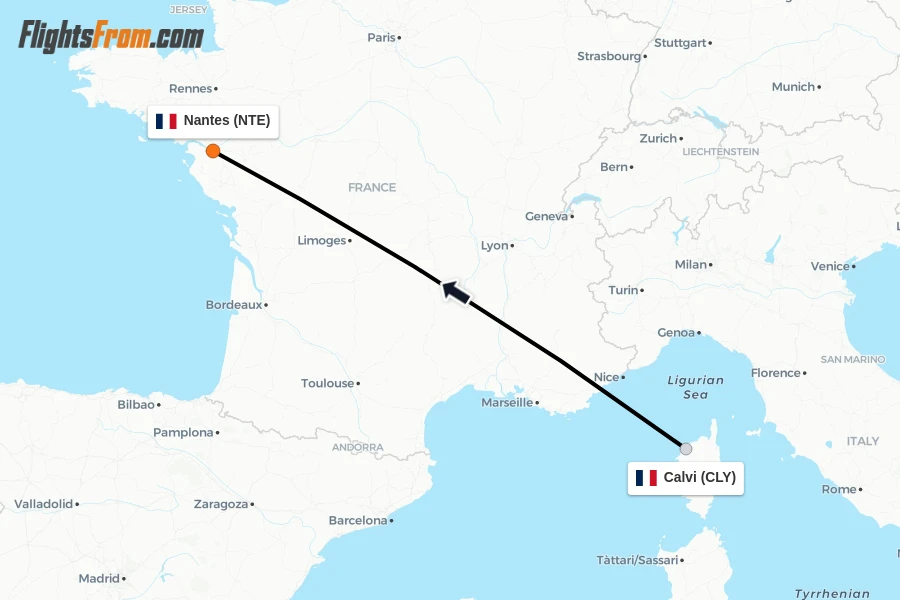 Flights from Calvi to Nantes route map