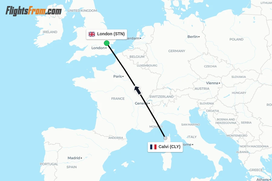 Flights from Calvi to London route map