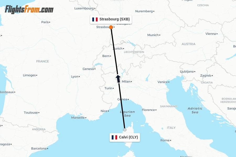 Flights from Calvi to Strasbourg route map