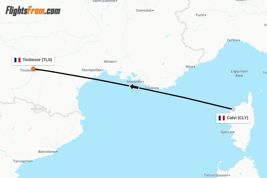 Flights from Calvi to Toulouse route map