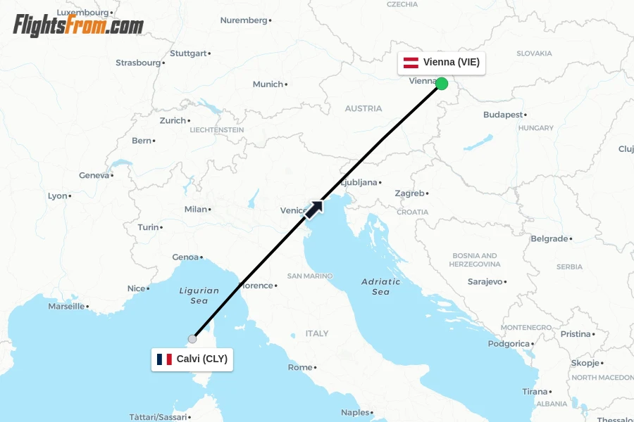 Flights from Calvi to Vienna route map