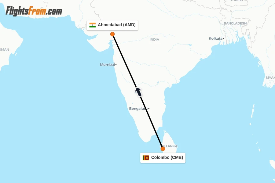 Flights from Colombo to Ahmedabad route map