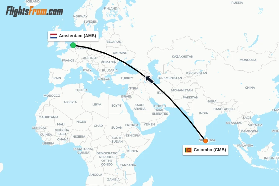 Flights from Colombo to Amsterdam route map