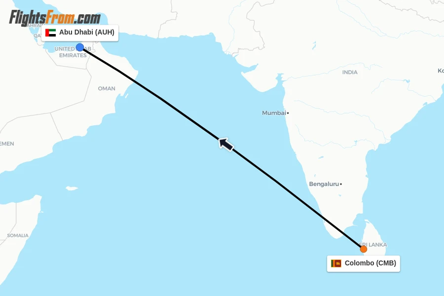 Flights from Colombo to Abu Dhabi route map
