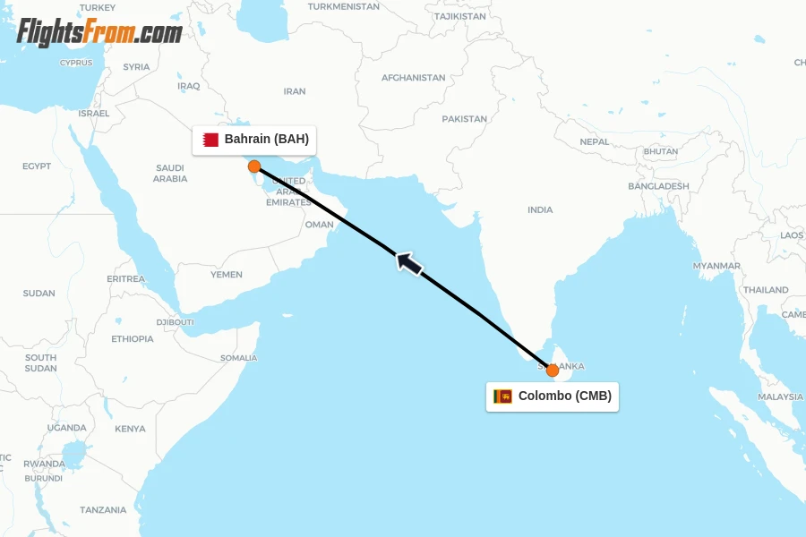 Flights from Colombo to Bahrain route map