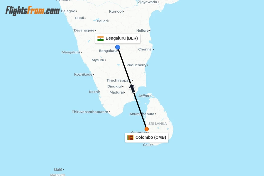 Flights from Colombo to Bengaluru route map
