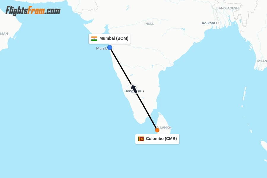 Flights from Colombo to Mumbai route map