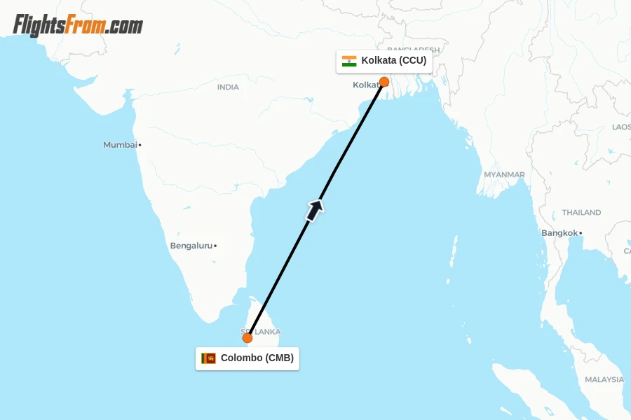 Flights from Colombo to Kolkata route map