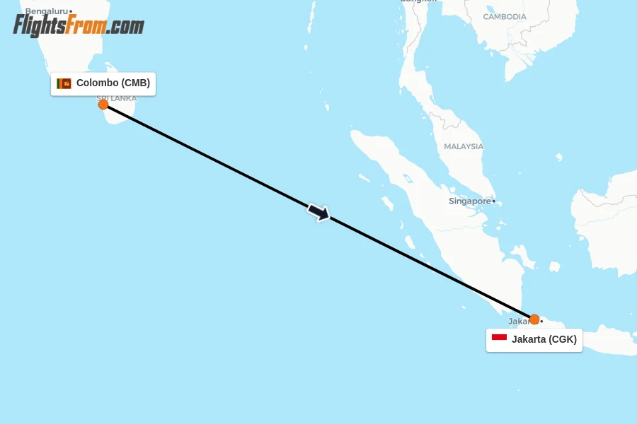 Flights from Colombo to Jakarta route map