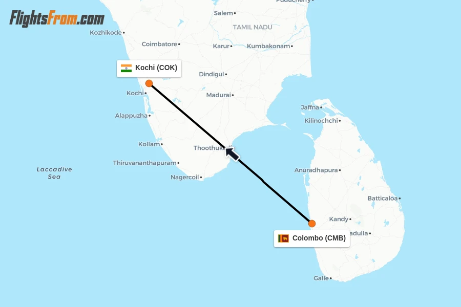 Flights from Colombo to Kochi route map