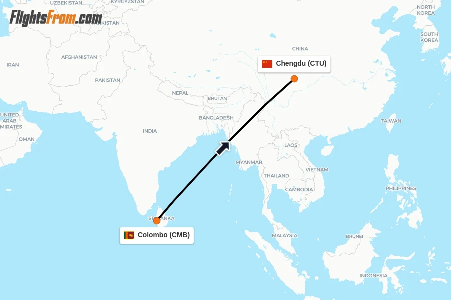Flights from Colombo to Chengdu route map