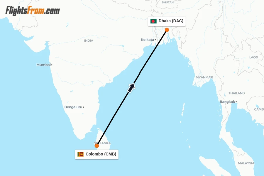 Flights from Colombo to Dhaka route map