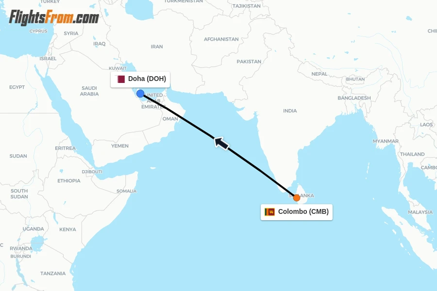 Flights from Colombo to Doha route map