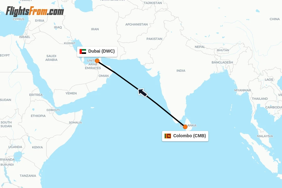 Flights from Colombo to Dubai route map