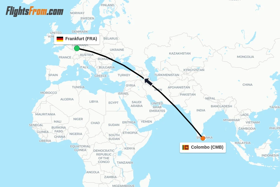 Flights from Colombo to Frankfurt route map